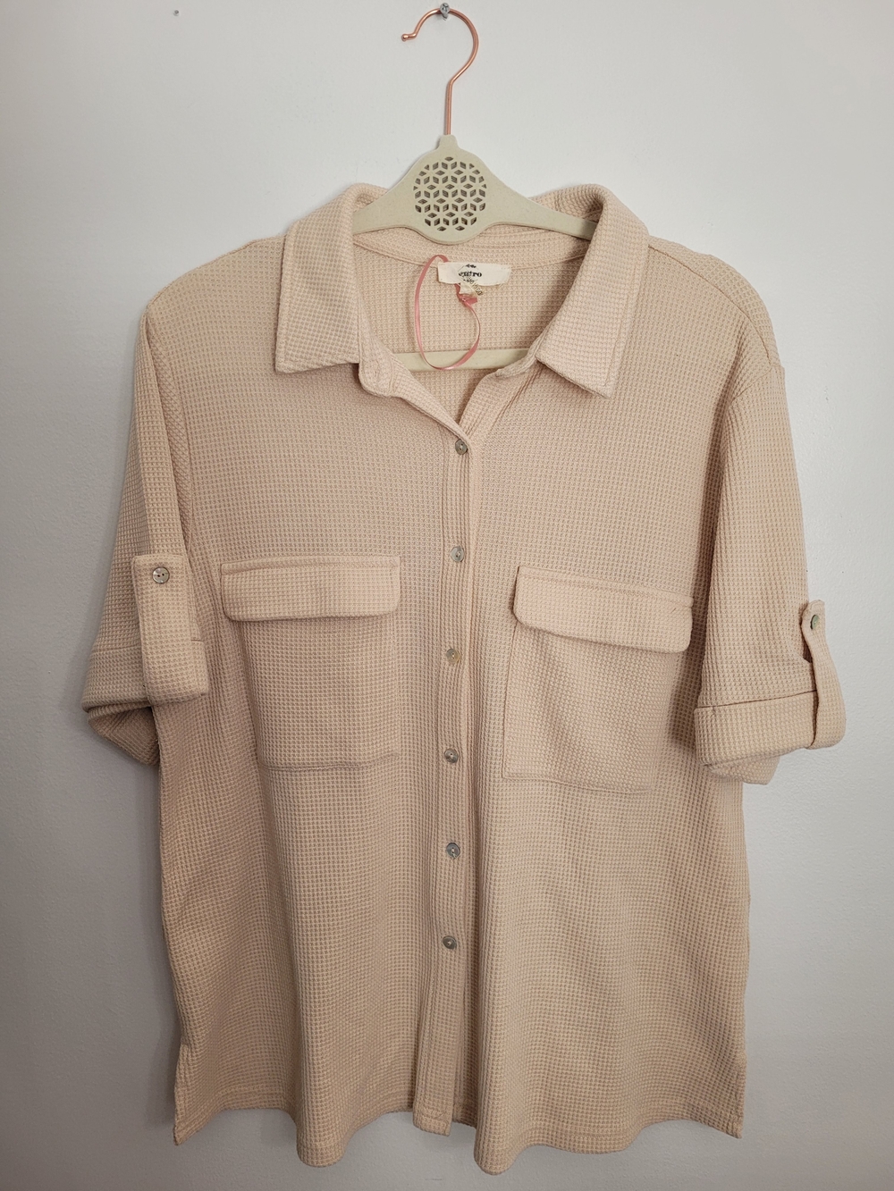 Entro Womens Beige Waffle Knit Collared Button-Up Pocket Top L Solid SS